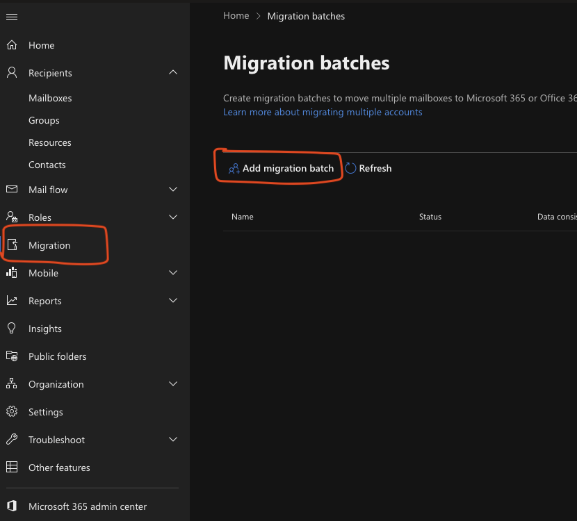 Exchange migration screen
