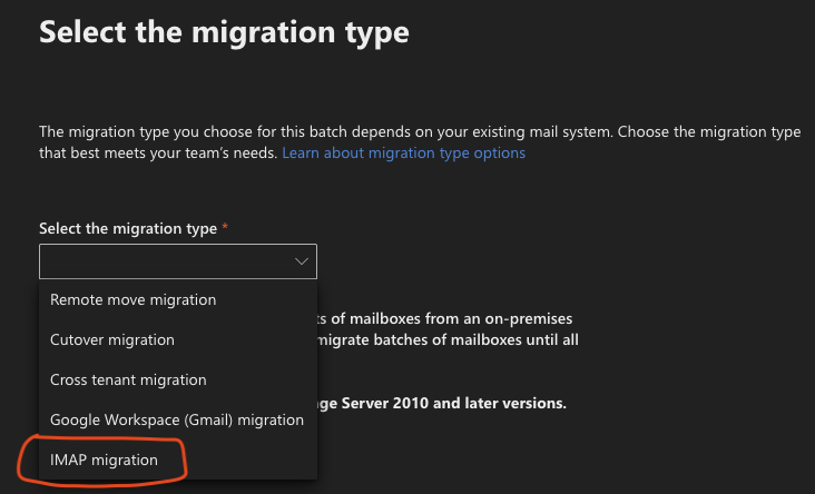 Exchange IMAP migration screen