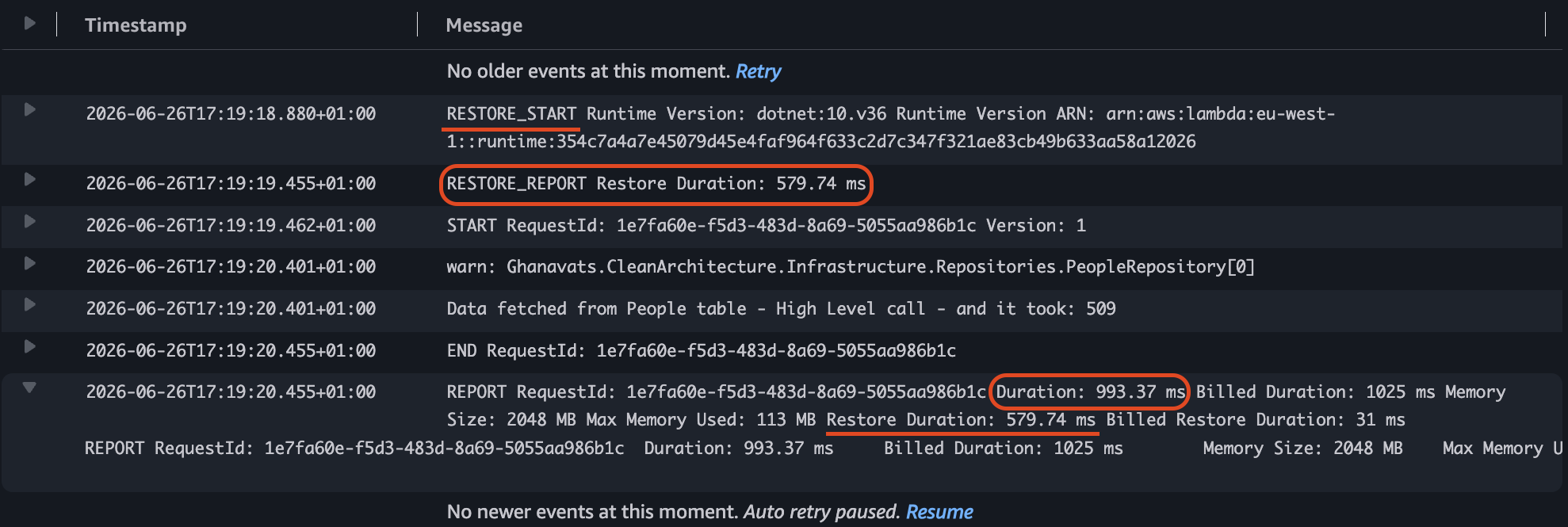 Ghanavats - Lambda vs ECS - Log result with SnapStart enabled and no warm-up