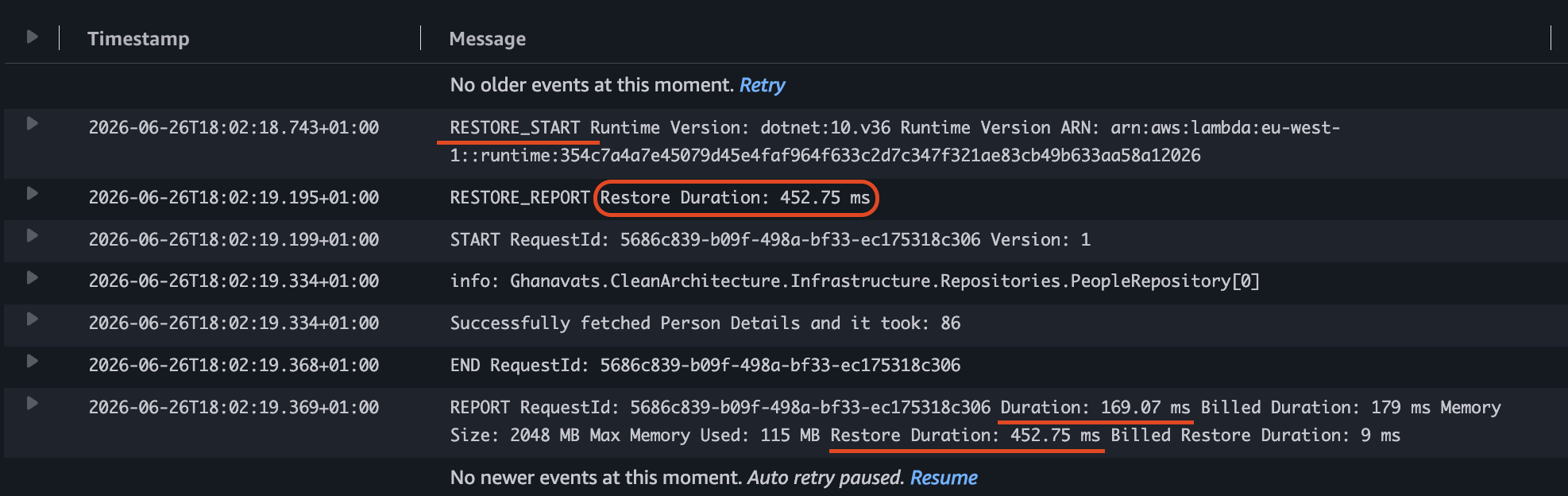 Ghanavats - Lambda vs ECS - Log result with SnapStart enabled and with warm-up mechanism configured